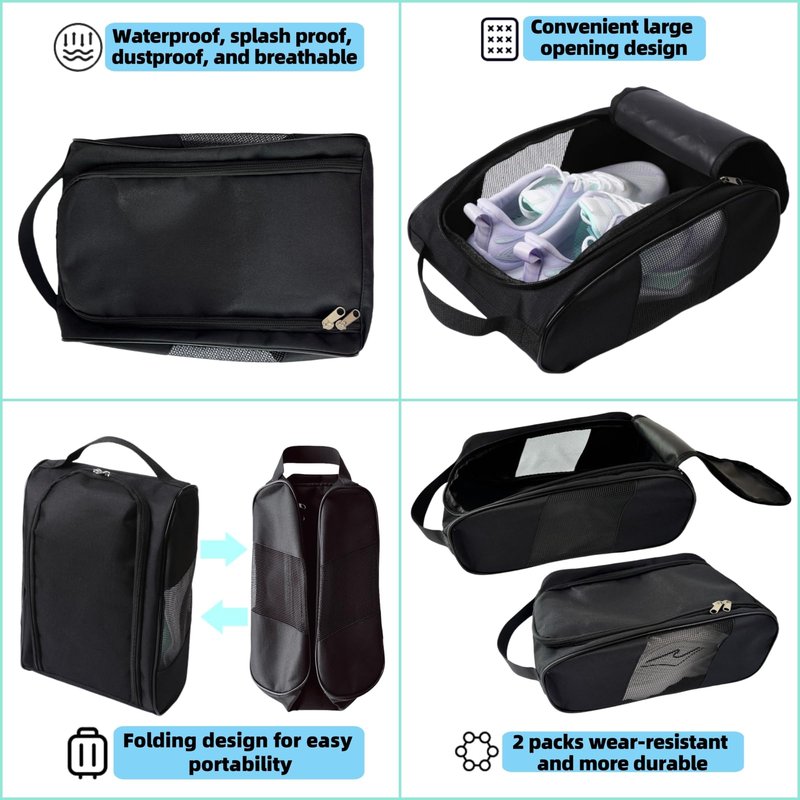 Voyboced 2 Pcs Golf Shoe Bag for Travel, Outdoor Zippered Sports Shoe Carrier Tote with Ventilation, Protective Shoe Storage Pouch for Men Women (2Pcs-Black)