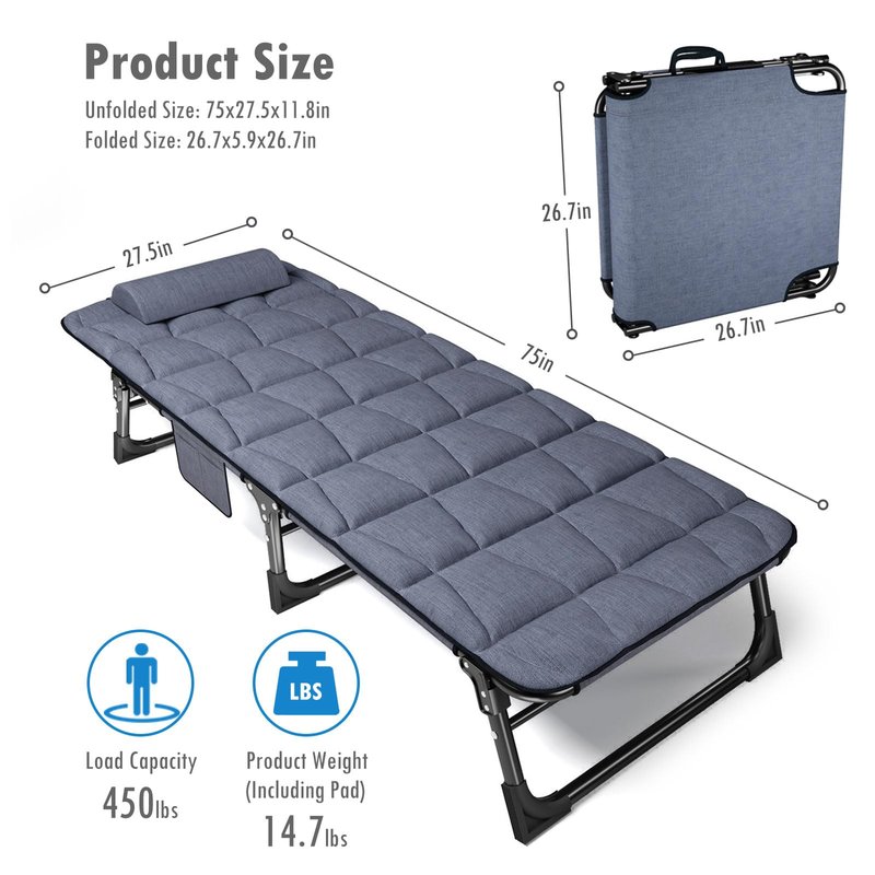 ATORPOK Folding Camping Cot for Adults with Padded Mattress and Pillow, Adjustable Reclining Lounger Sleeping Cot Bed, Ideal for Camping, Travel, Garden, or Office Use, Blue