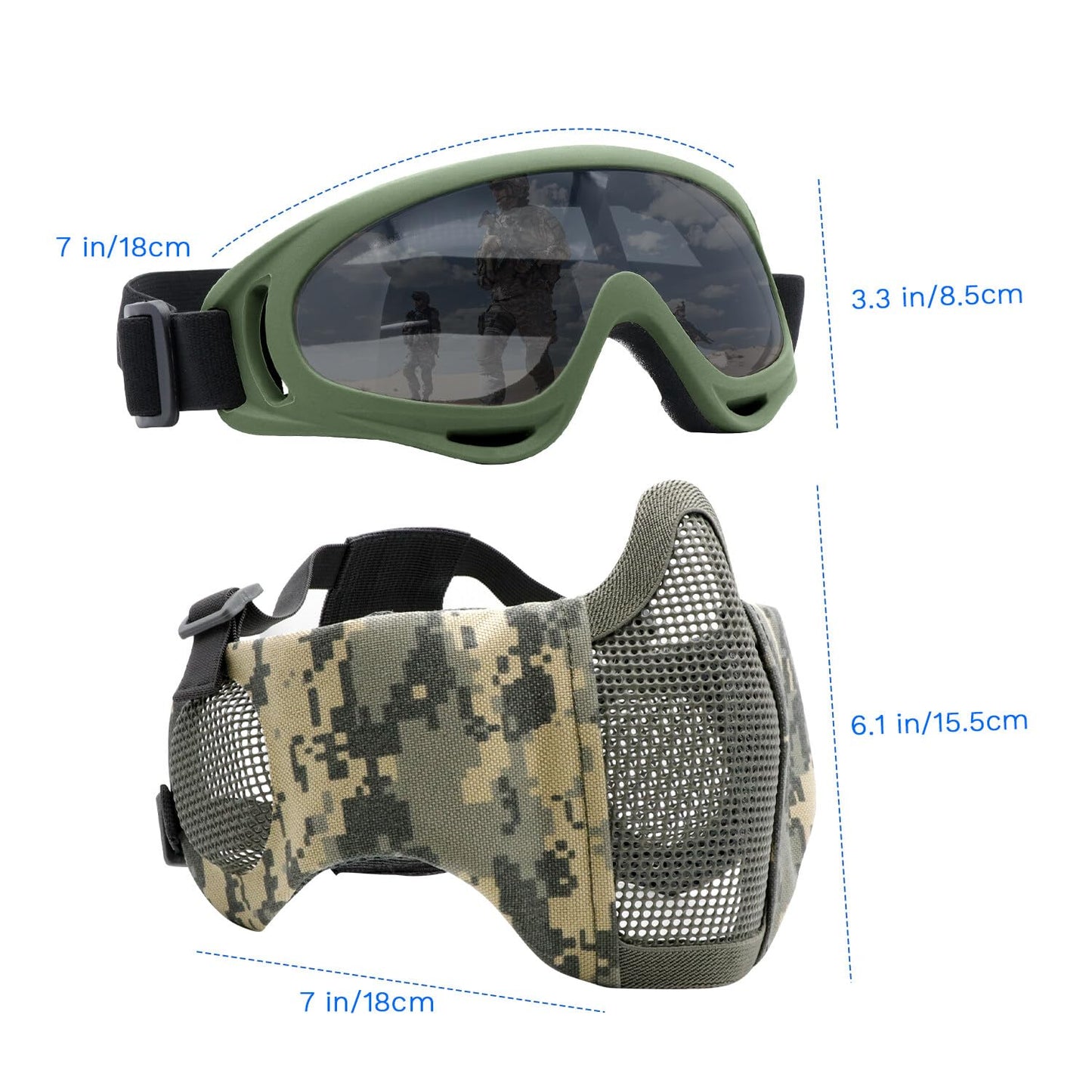 Yzpacc Airsoft Mask with Goggles, Foldable Half Face Airsoft Mesh Mask with Ear Protection for Paintball Shooting Cosplay CS Game