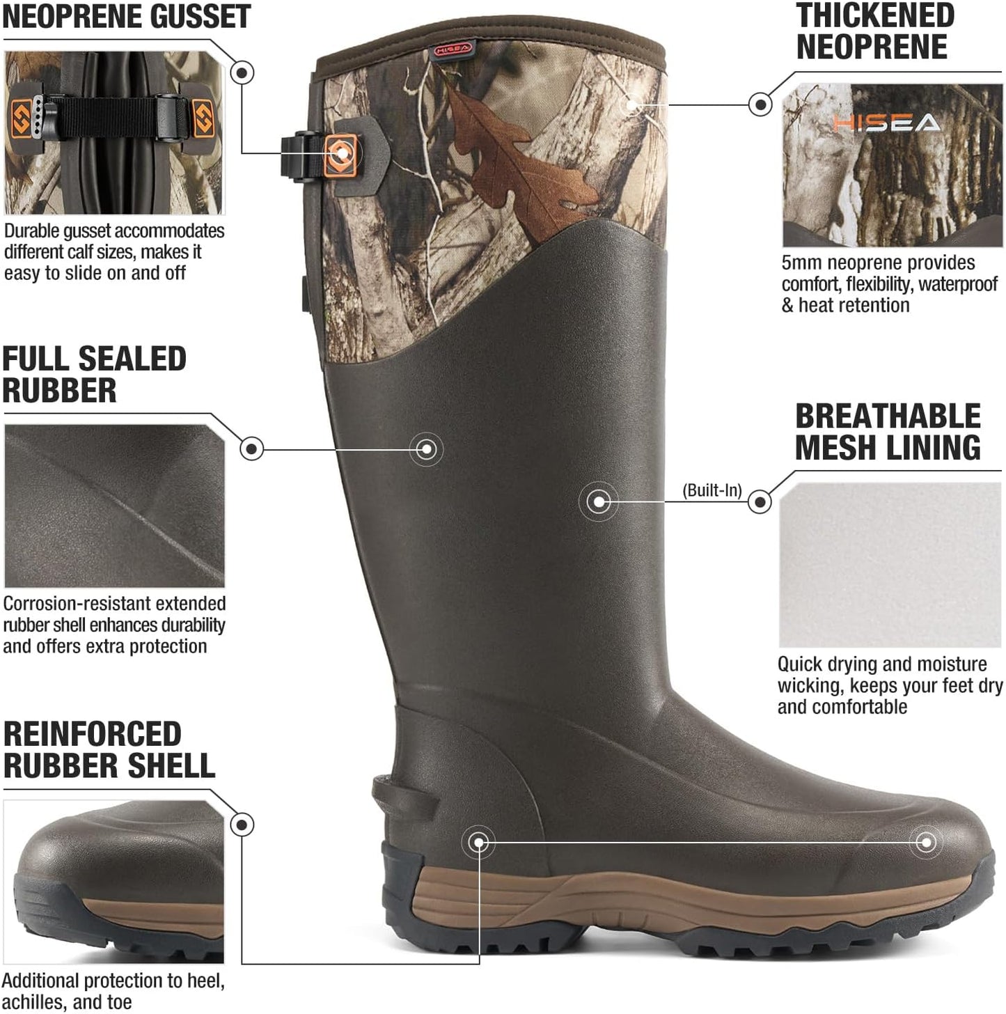 HISEA Waterproof Rubber Work Boots for Men - Insulated Neoprene Hunting Shoes | Adjustable Calf, Anti-Slip Design