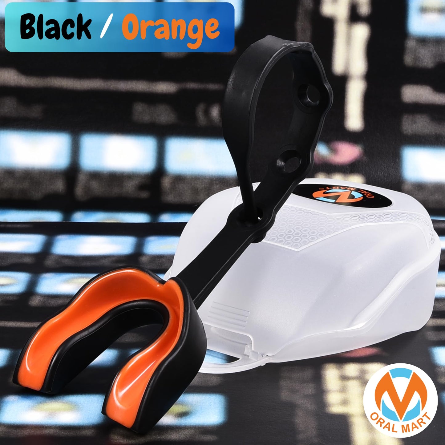 Oral Mart Strapped Youth Mouth Guard for Kids (Black/Orange) - Sports Mouthguard with Connected Strap for Football, Ice Hockey, Lacrosse, Taekwondo