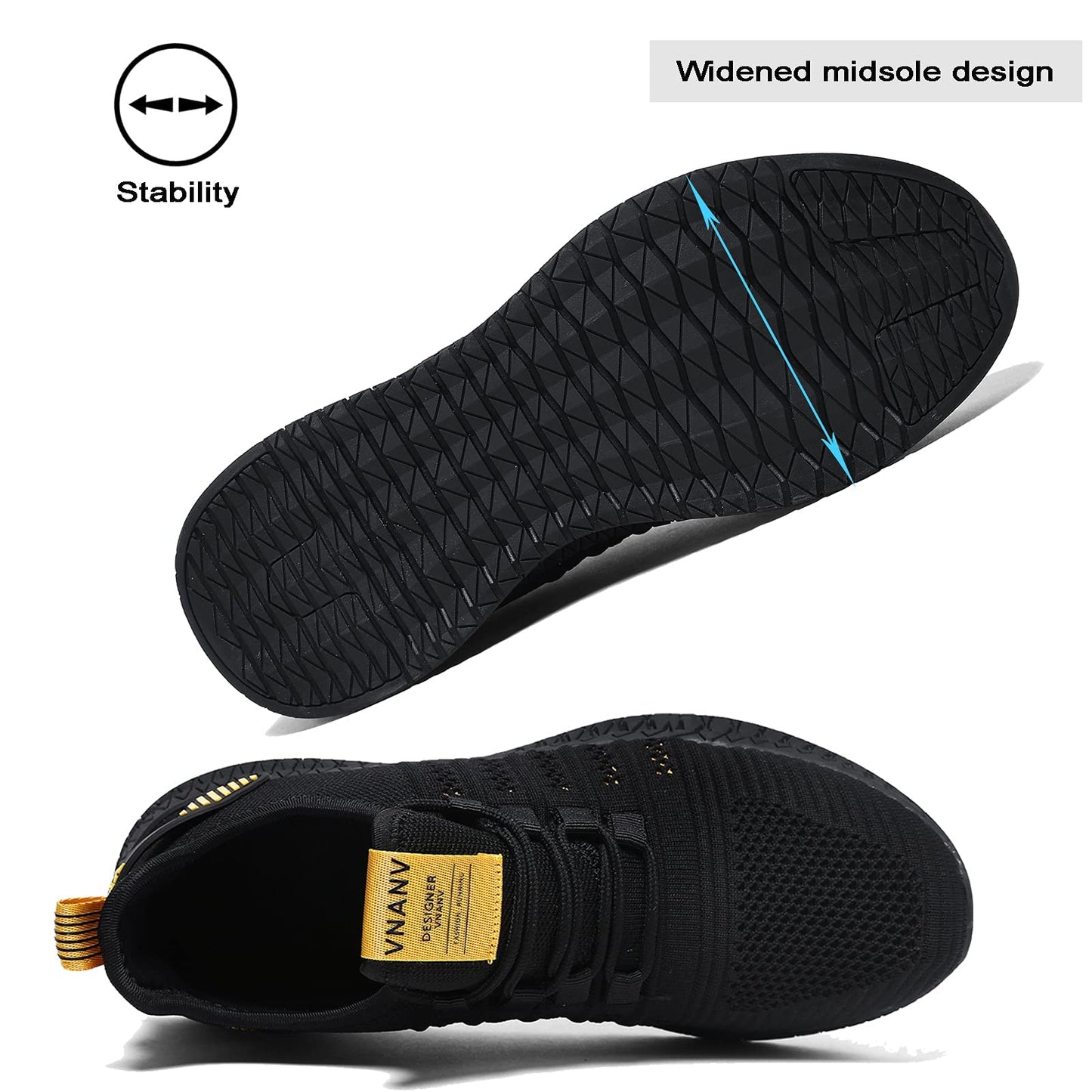 VNANV Mens Slip On Walking Shoes Lightweight Breathable Non Slip Running Comfortable Gym Tennis Athletic Fashion Sneakers Men (13,Black/Yellow)