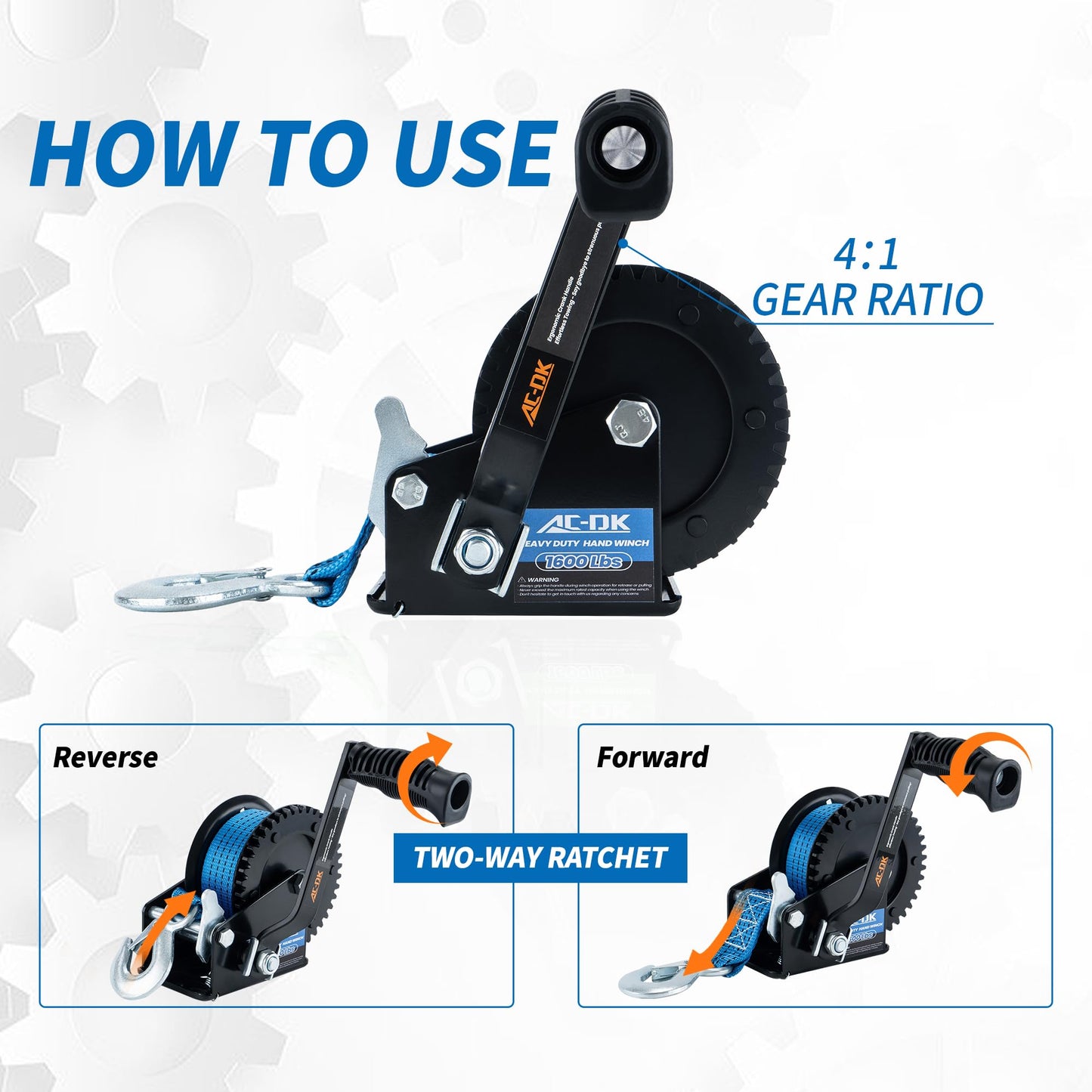 AC-DK 1600lbs Heavy Duty Boat Trailer Winch with 26FT Strap, 2-Way Ratchet & 4:1 Gear Trailer Winch, Portable Hand Crank Winch for Boat, Truck, Trailer, RV, ATV, Jet Ski