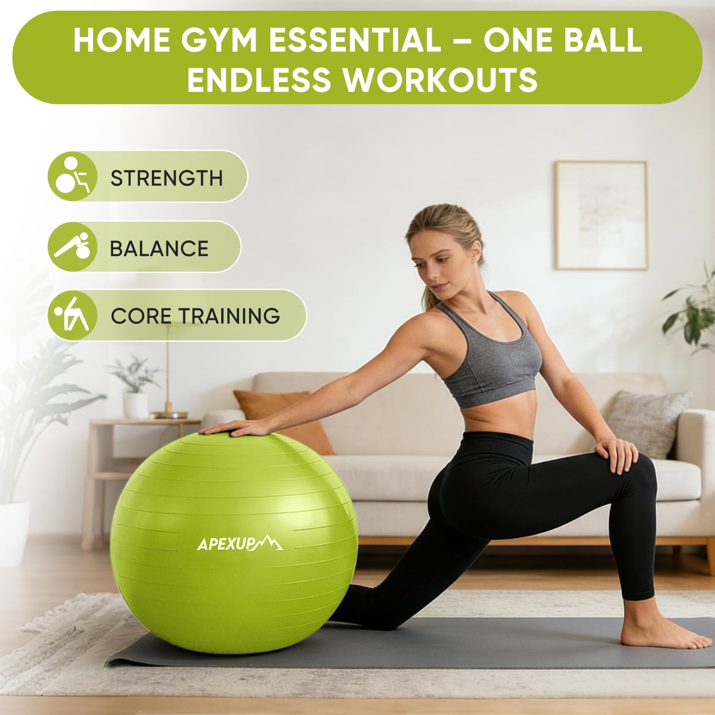 APEXUP Yoga Ball, 660 lbs Anti-Burst Exercise Ball with Pump, 5 Sizes