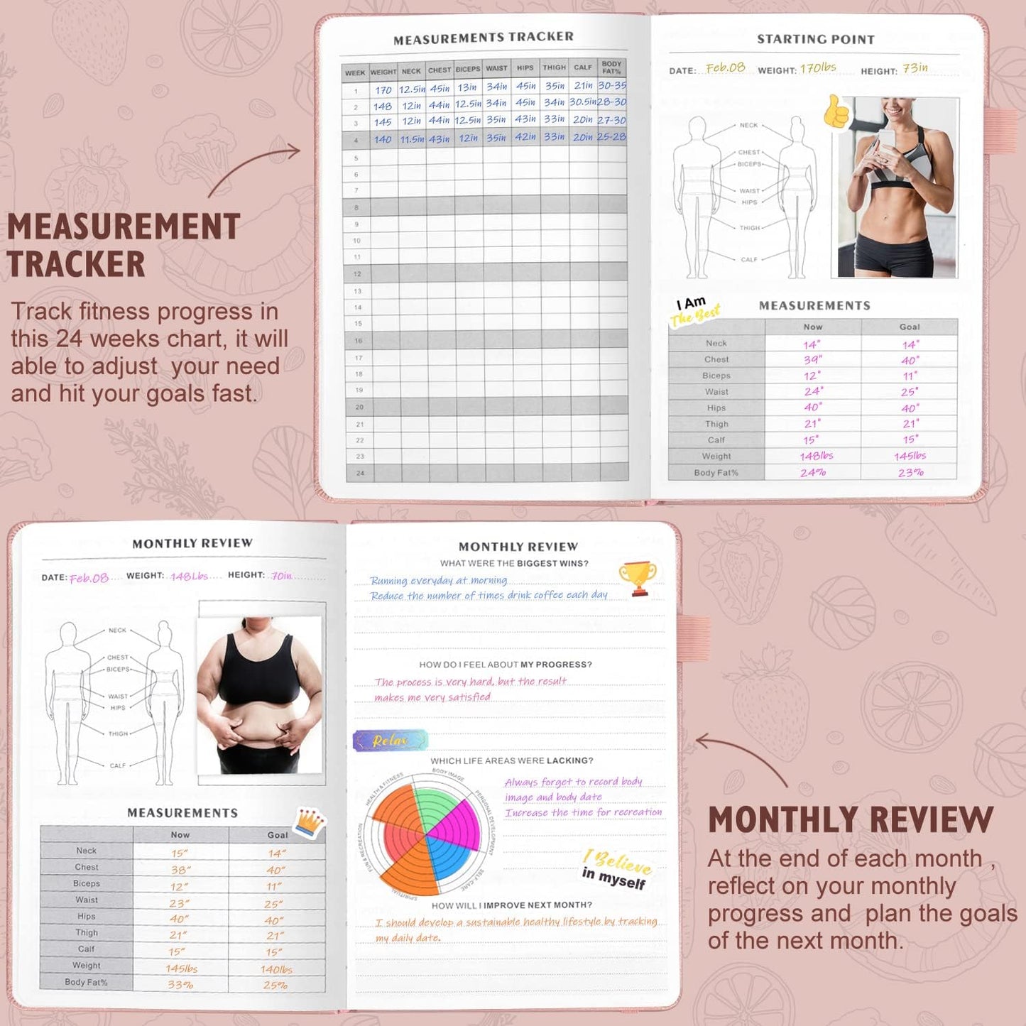 Food and Fitness Journal - Hardcover Wellness Planner for Meal Tracking & Workout | Undated for Home & Gym