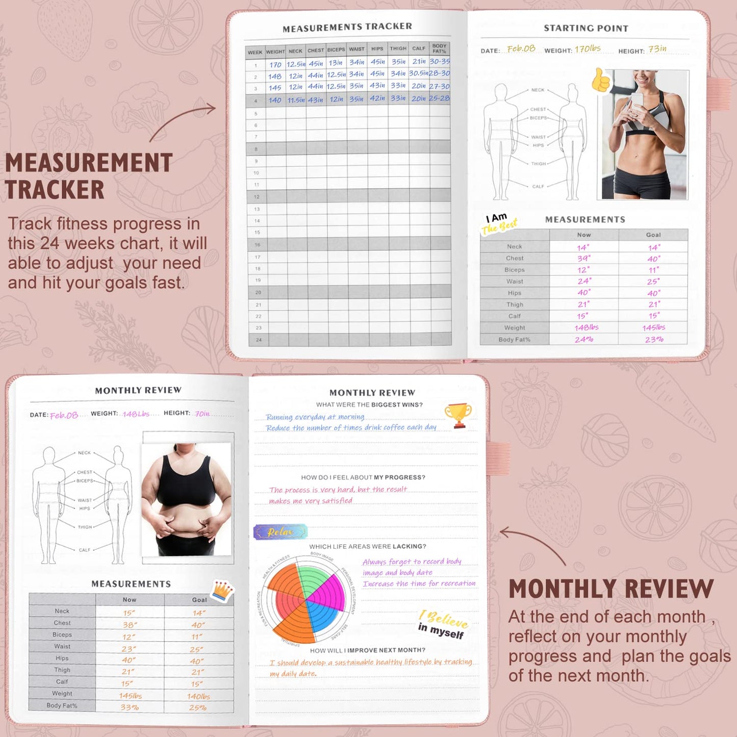 EPEWIZD Food and Fitness Journal Hardcover Wellness Planner Workout Journal for Women Men to Track Meal and Exercise Count Calories Weight Loss Diet Training Weight Loss Tracker Undated Home and Gym