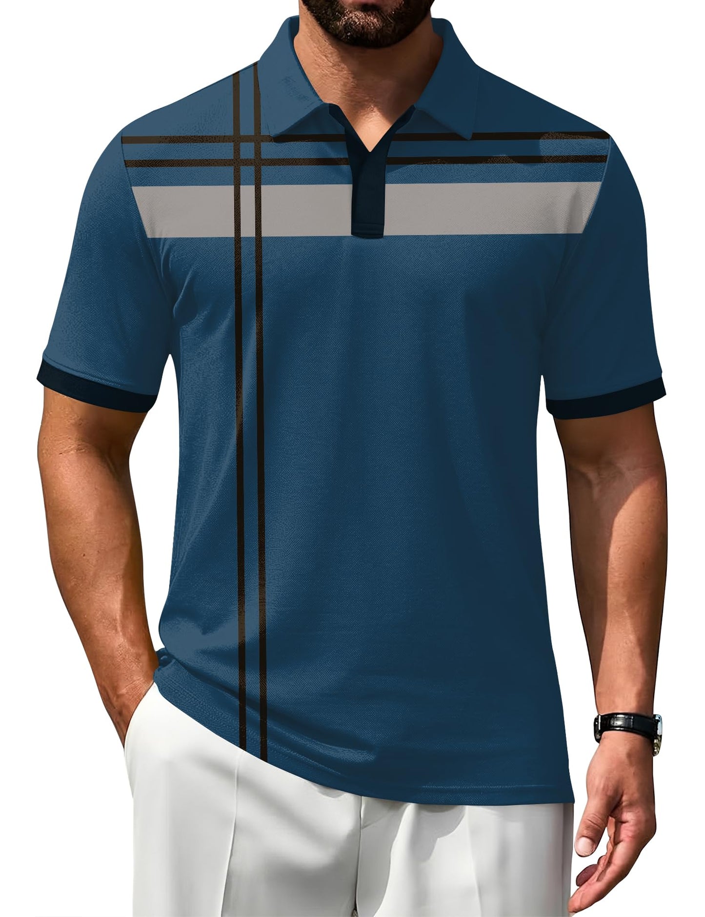 Poriff Mens Golf Shirts Short Sleeve Moisture Wicking Performance Quick Fit Casual Collared Golf Polo Shirt for Men Blue Print L