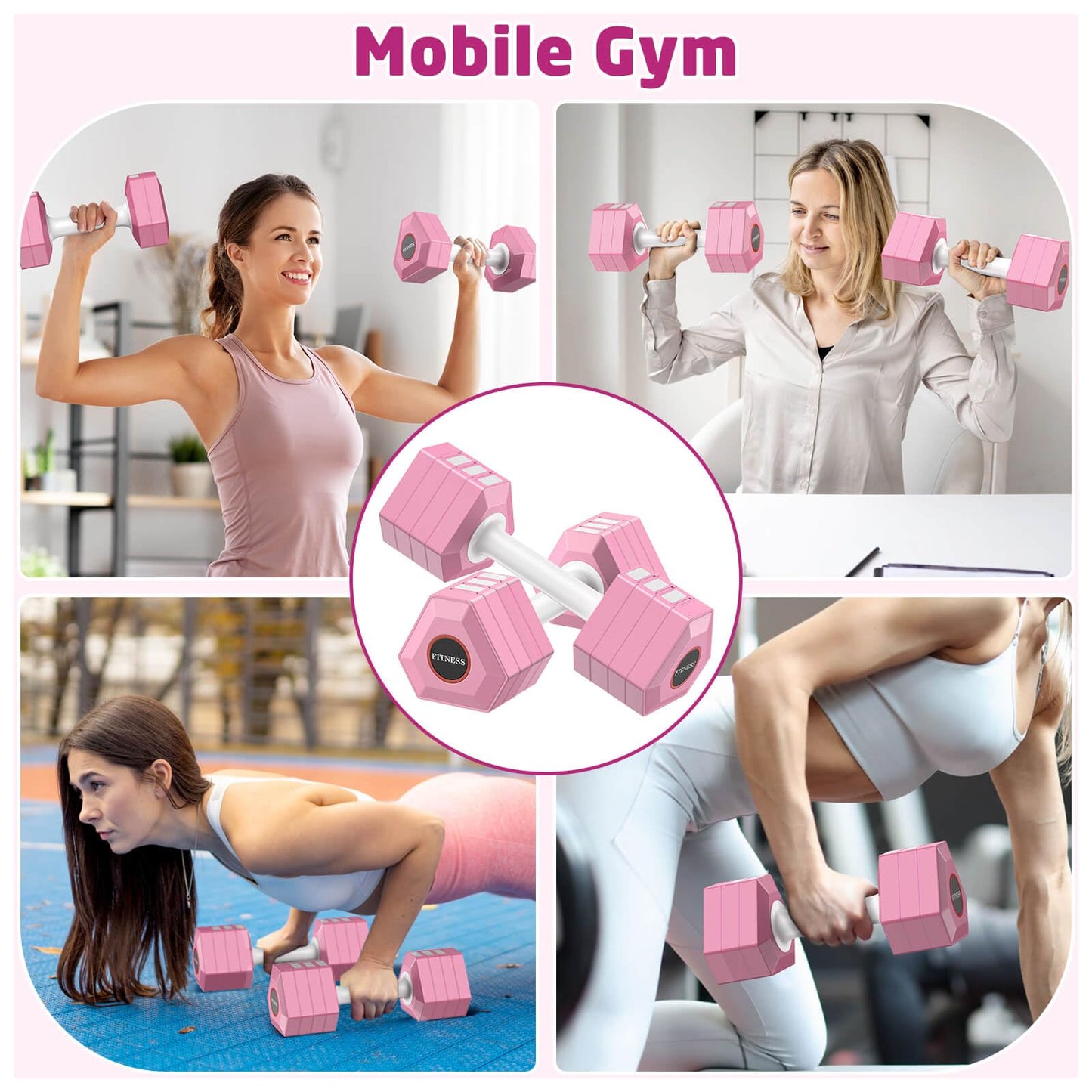 RINREA Adjustable Dumbbells Set of 2, 5-in-1 Dumbbell Weights Set for Women/Men, 3.3lb-12.1lb Adjustable Weight Dumbbells for Home Gym Workout (Pink)