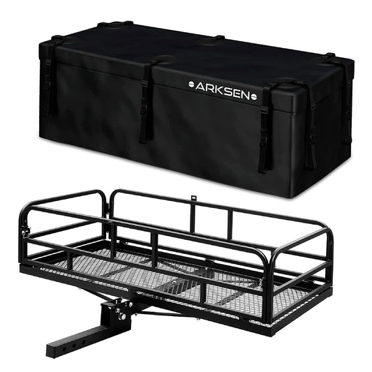 ARKSEN 60" x 25" x 14" Folding Cargo Rack Carrier with 500D PVC Waterproof Cargo Bag 500 Lbs Heavy Duty Capacity 2 Inch Receiver Luggage Basket Hitch Fold Up for SUV Pickup Camping Traveling