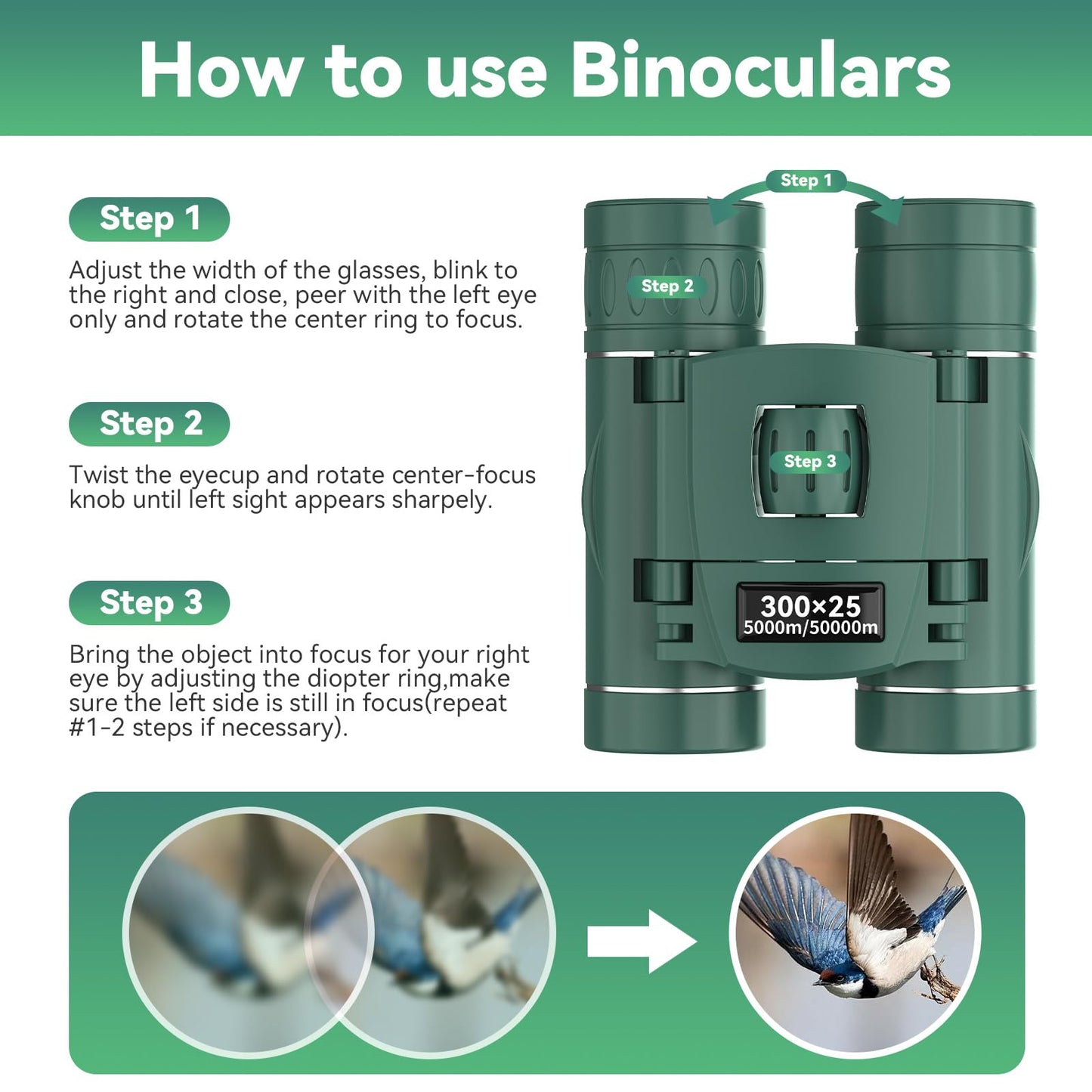 300x25 Binoculars for Adults and Kids, High Powered Mini Pocket Binoculars with Phone Adapter, Waterproof Compact Telescope for Bird Watching, Hunting, Concert, Theater, Opera, Traveling, Sightseeing
