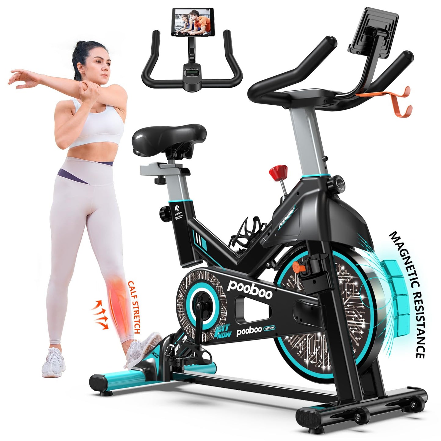 pooboo Exercise Bike, Adjustable Magnetic Resistance Silent Belt Drive, Indoor Cycling Bike for Home Cardio Gym, Fitness Stationary Bike Machine with 350lbs/300lbs Weight Capacity, Monitor with Pulse & Ipad Mount &Upgraded Version Seat