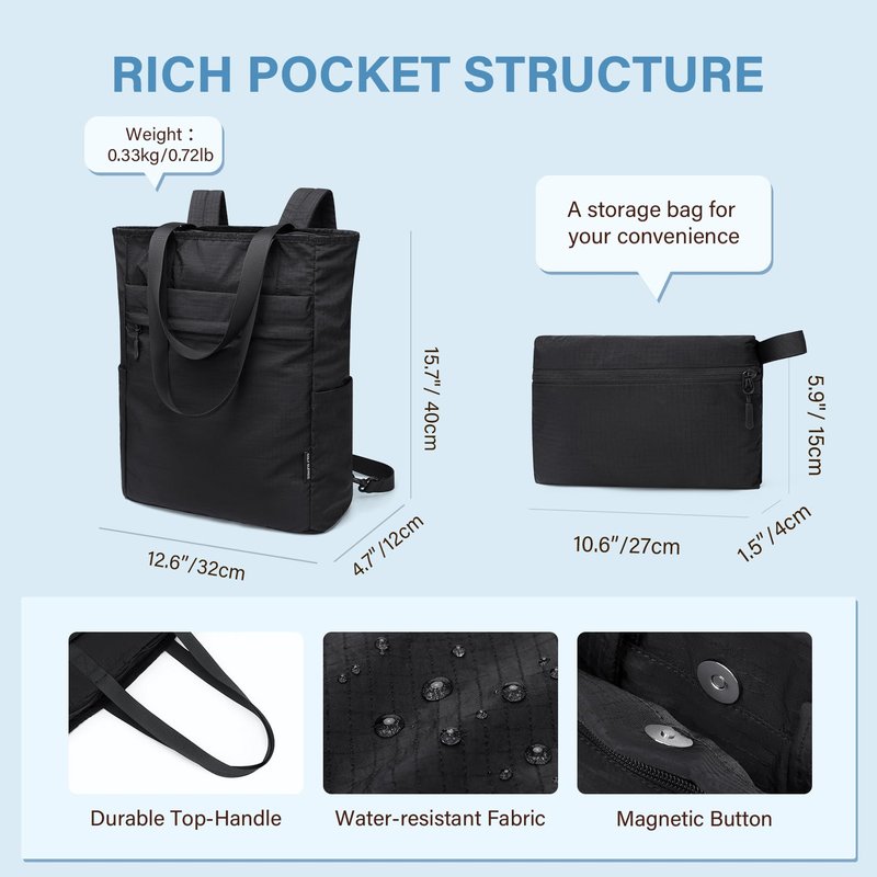 GOLF SUPAGS Foldaway Convertible Tote Backpack Lightweight Nylon Daypack Women Men City Pack Versatile Backpack Leisure, Black