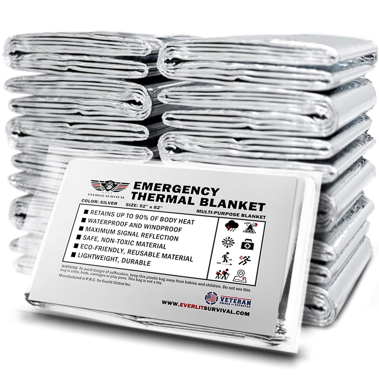 EVERLIT Survival Emergency Mylar Thermal Blanket, Foil Space Blanket Designed for NASA, Body Warmer Blanket for Outdoor, First Aid, Camping Gear, Hiking Travel (Silver, 12 Pack)