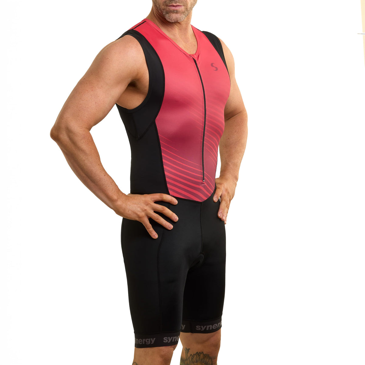 Synergy Triathlon Tri Suit - Men's Race Sleeveless Trisuit (Black/Ruby, Small)