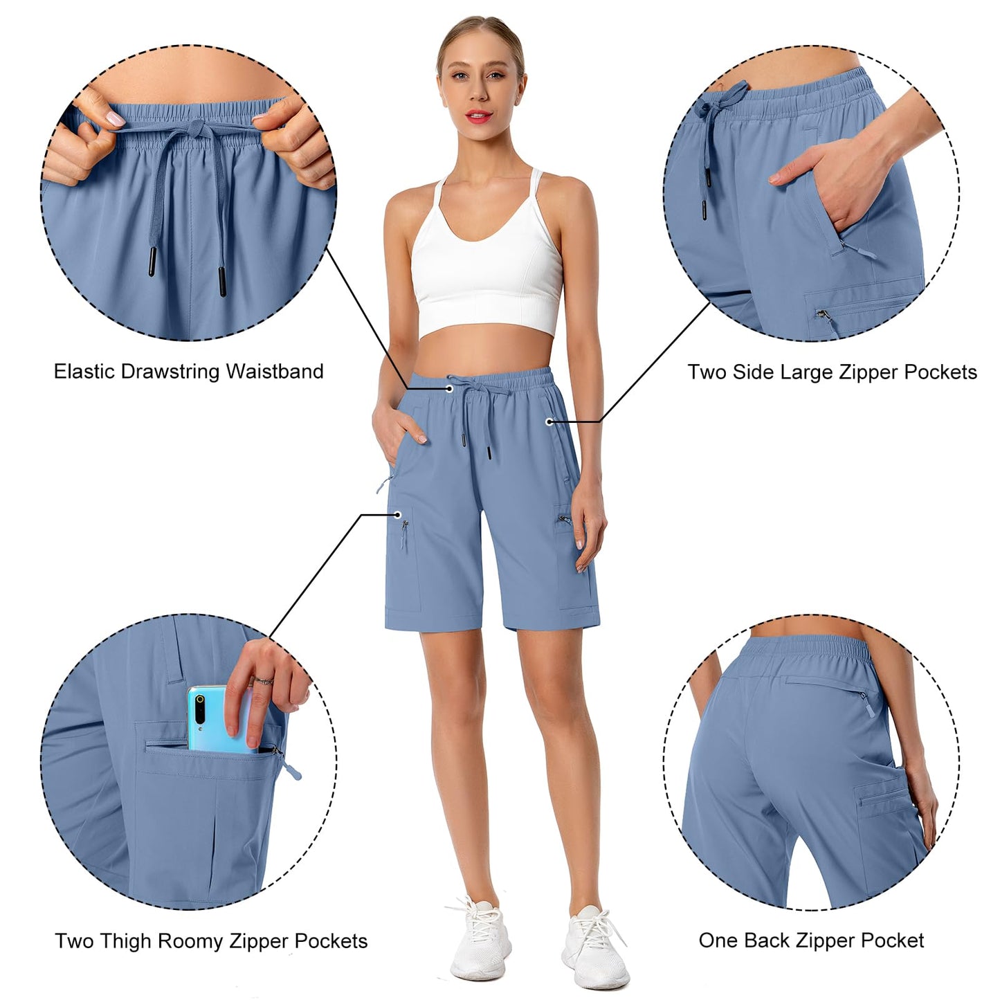 Hugut Women's Lightweight Hiking Cargo Shorts Quick Dry Athletic Shorts Camping Travel Golf Zipper Pockets Water Resistant Stone Blue