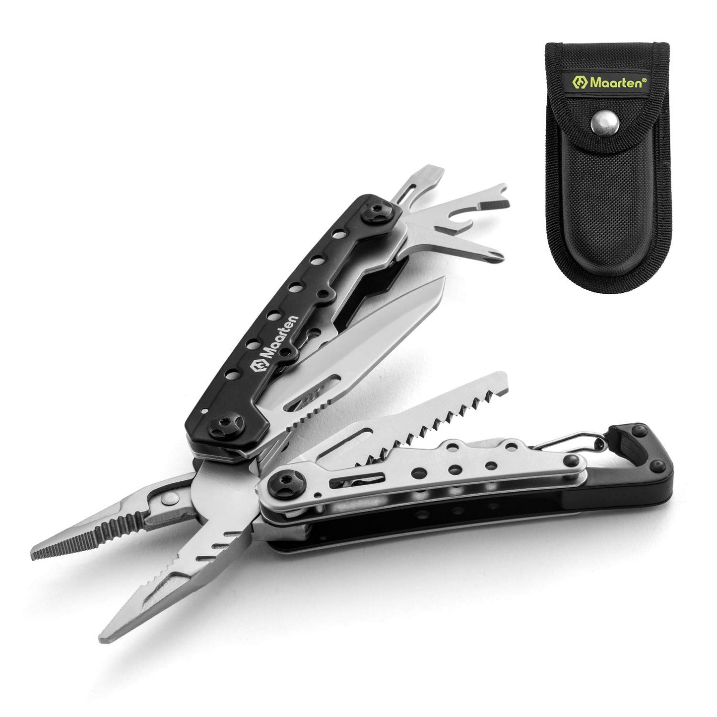 Maarten Multitool, 11 in 1 Hard Stainless Steel Multitool Pliers with Safety Locking, Camping Multi Tool Gifts for Men, Multi-pliers with Folding Saw, Bottle Opener, Screwdriver, Sickle, Nylon Sheath