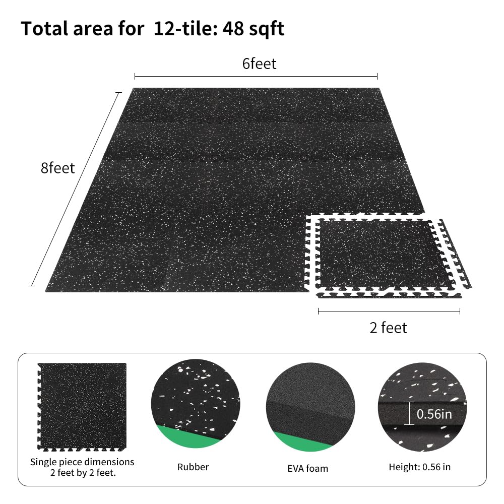 0.56in Thick 48 Sq Ft Gym Flooring for Home Gym, 12 Tiles Workout Exercise Equipment Mats, Rubber Top with EVA Foam, Interlocking Puzzle Floor Tiles for Fitness Room, Protective Flooring Mat