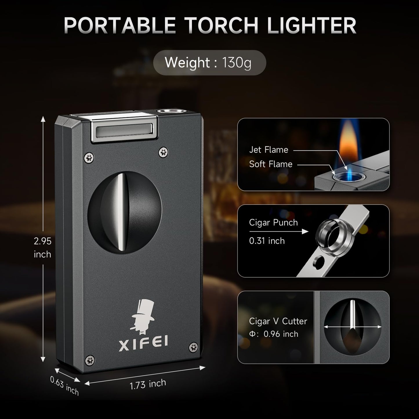 XIFEI Cigar Lighter, Personalized Adjustable Jet Soft Flame, Portable Torch Lighter with V Cut Cigar Cutter, Cigar Punch, Creative Gifts for Men, Windproof Refillable Butane Lighters