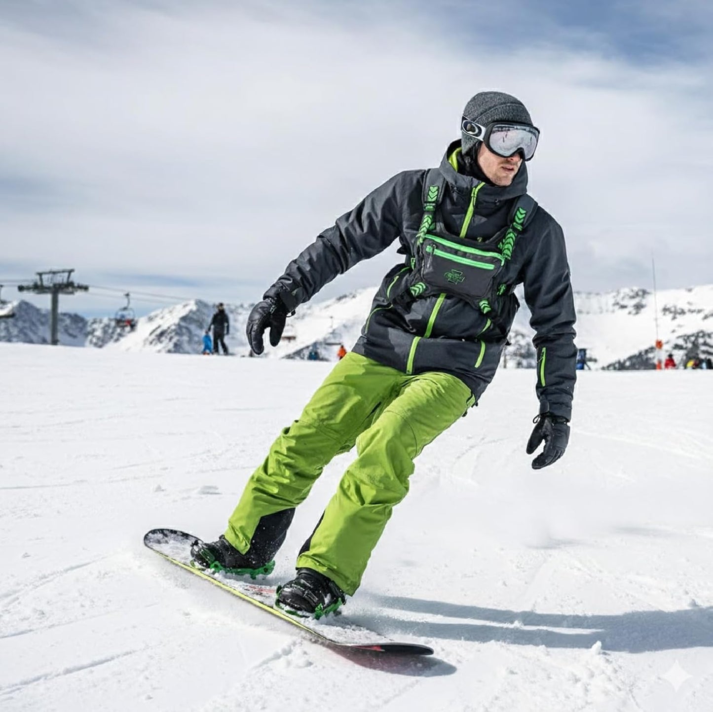 Ski & Snowboard Chest Pack - Lightweight Gunmetal Bag with 3 Pockets & No-Bounce Straps | Ideal for Winter Sports