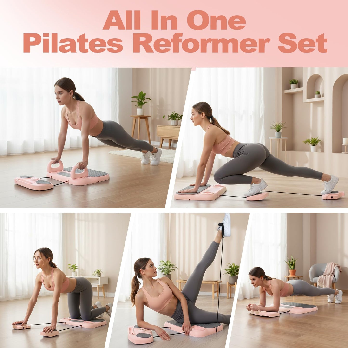 Pilates Board, 6-in-1 Pilates Reformer for Core & Full Body Workout, Portable Home Gym Equipment with Smart LED Digital Display, Pilates Trainer for Women, Beginners (Pink)