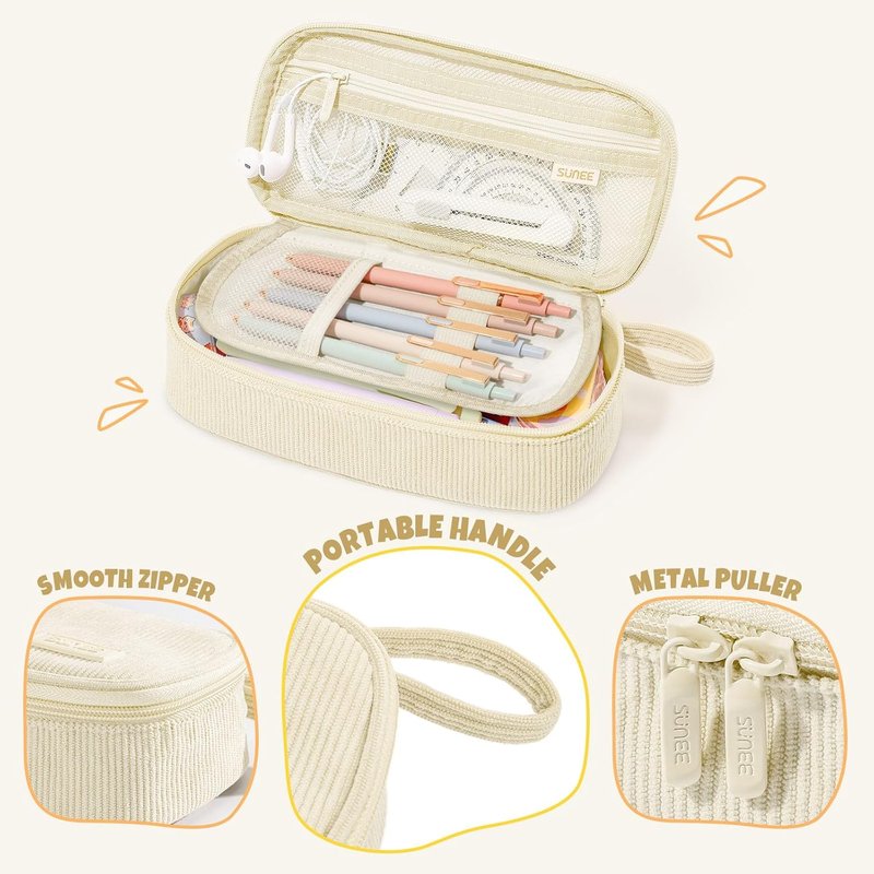 Cute Pencil Case - Large Capacity Aesthetic Zipper Pouch for Stationery | Soft Corduroy, Beige