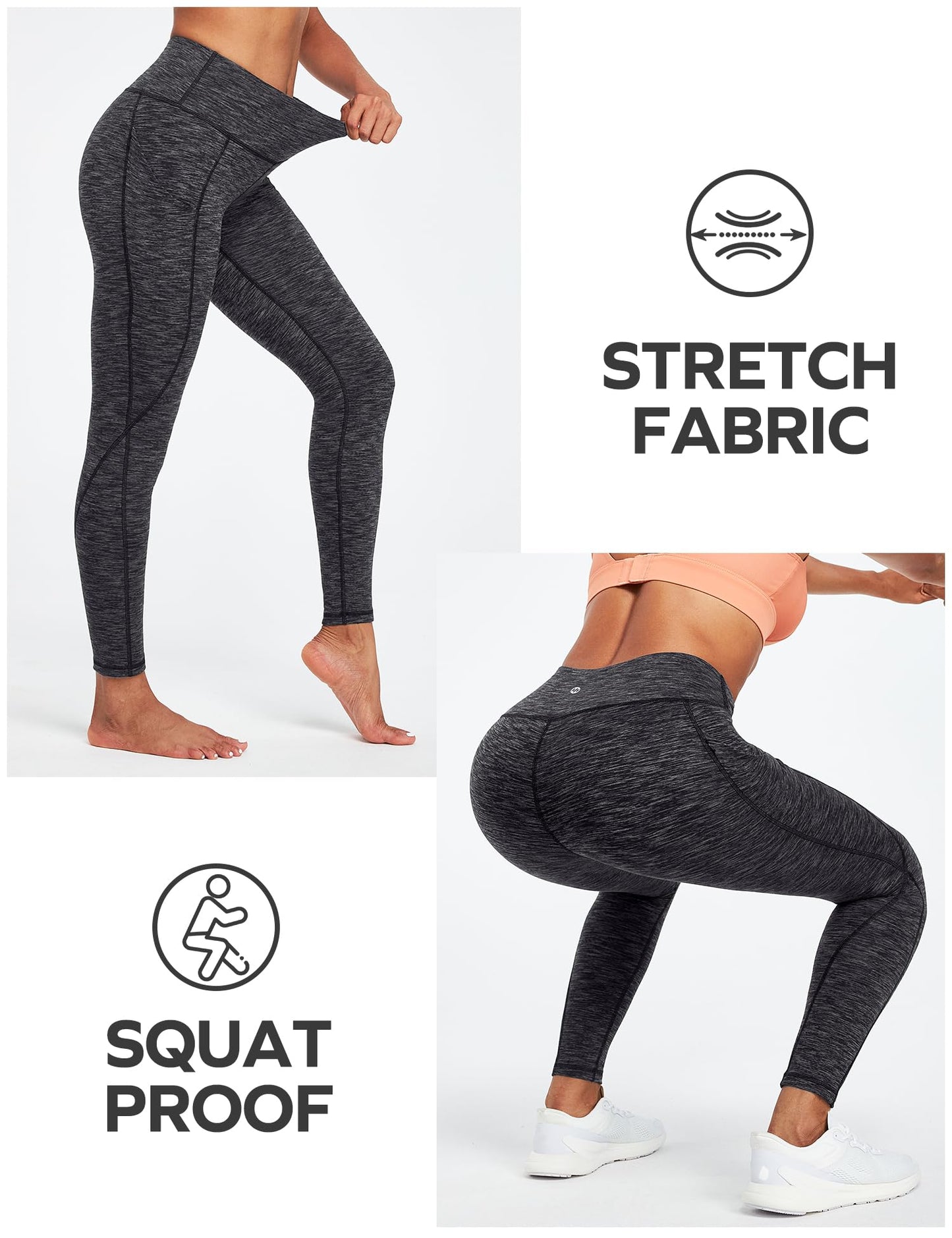 Ewedoos Spacedye Charcoal High Waisted Leggings with Pockets for Women, Tummy Control Athletic Pants