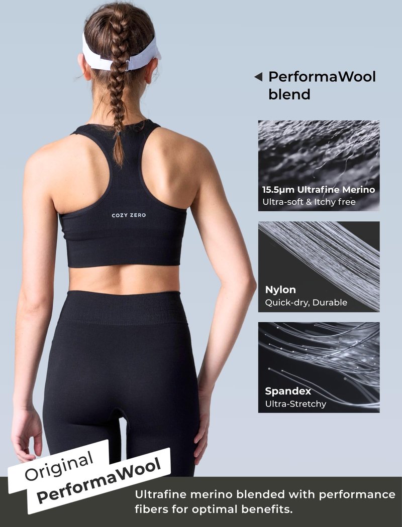 COZYZERO Women’s Merino Wool Racerback Sports Bra - Seamless, Medium Support, Breathable, Moisture-Wicking for Yoga & Running - Black - Large