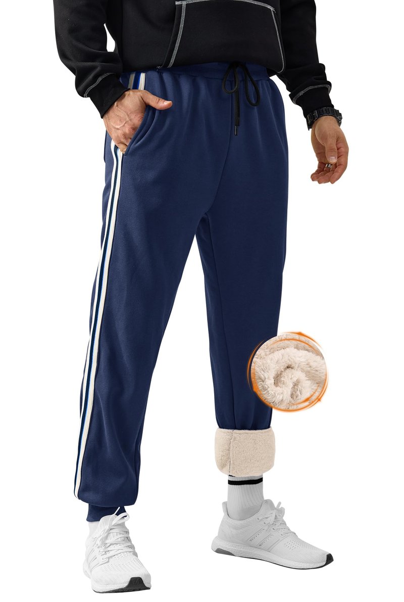 VOGSTART Men's Warm Casual Sweatpants New Deep Pockets Trousers Heavyweight Solid Classic Striped Thermal Lined Fleece Athletic Thick Stretchy Streetwear Sherpa Outdoor Joggers Navy L