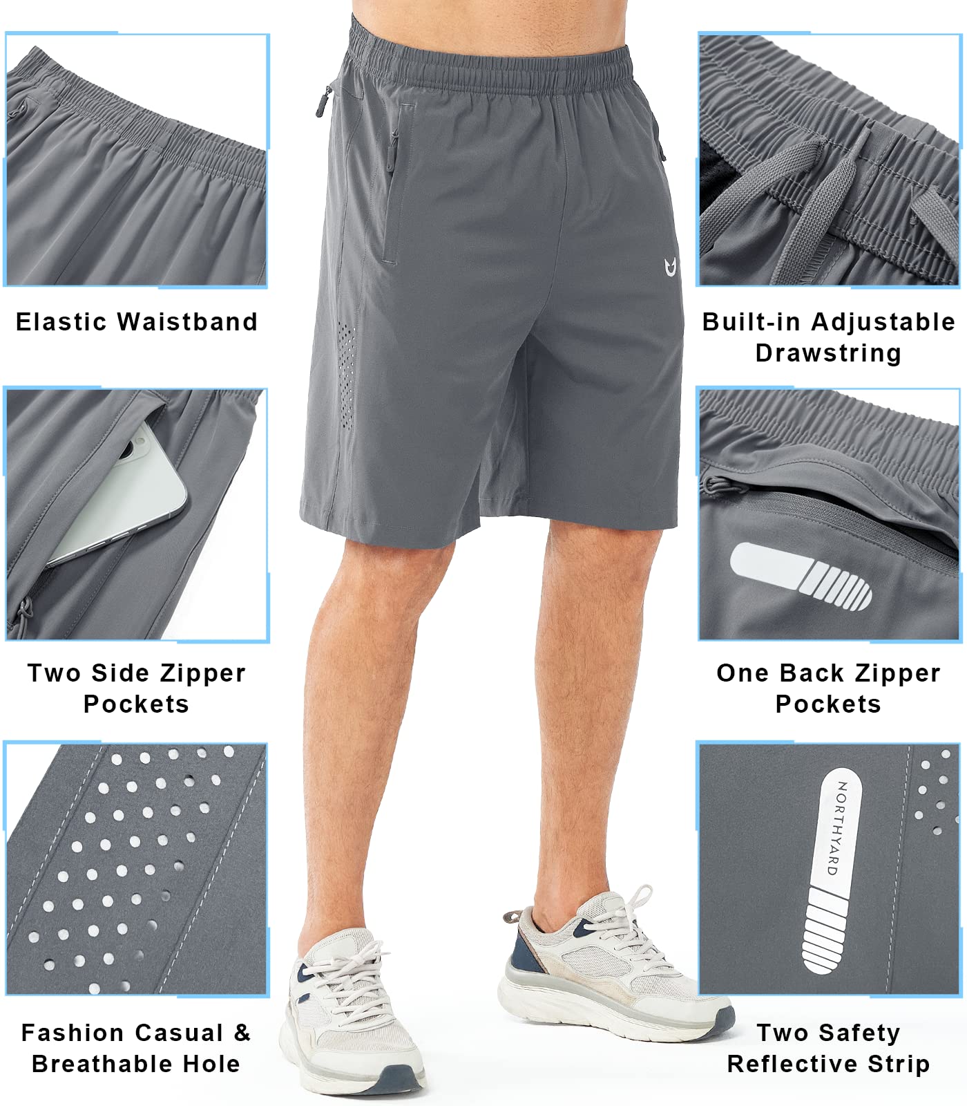 NORTHYARD Men's Athletic Running Shorts Gym Workout 7"/9"/5" Quick Dry Lightweight Sports Basketball Tennis 3 Zipper Pockets SMOKEGREY-9inch 2XL