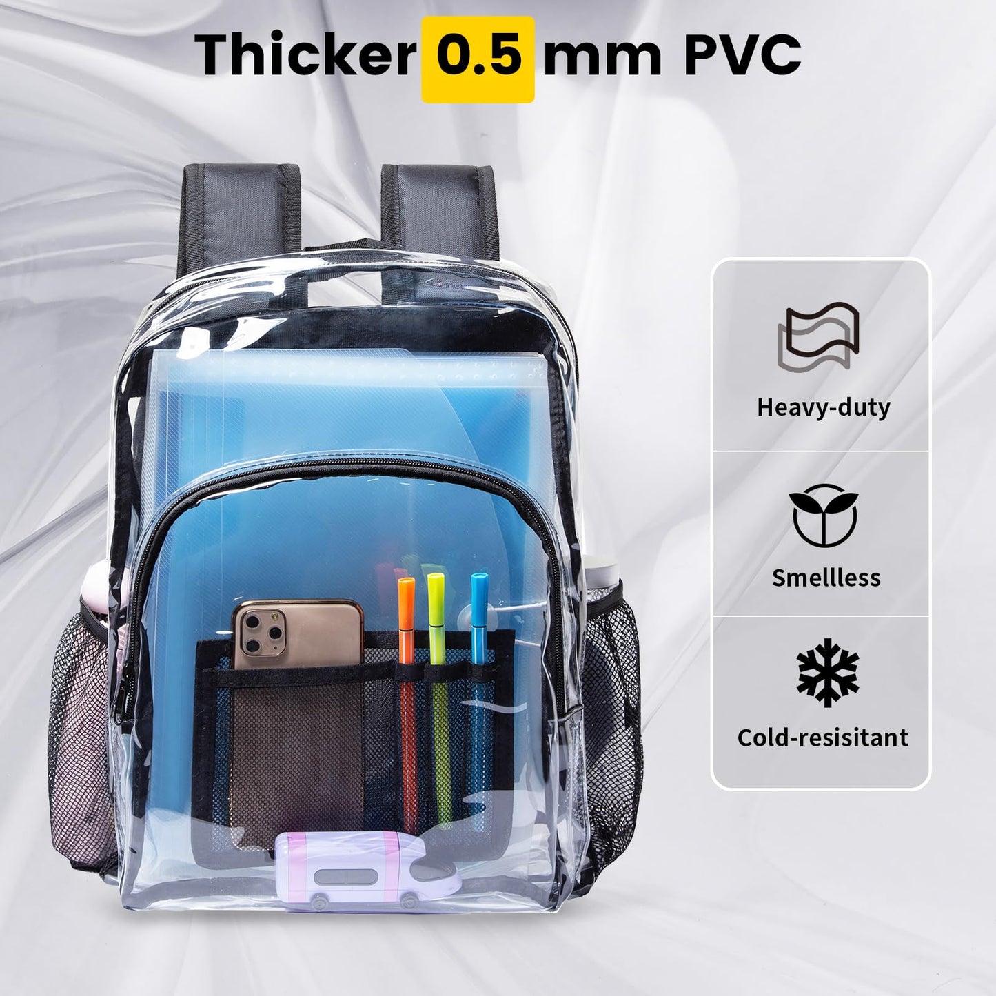 Vorspack Clear Backpack Heavy Duty - Extra Large Transparent Bookbag with Reinforced Strap PVC See Through Backpacks for College Workplace Travel - Black