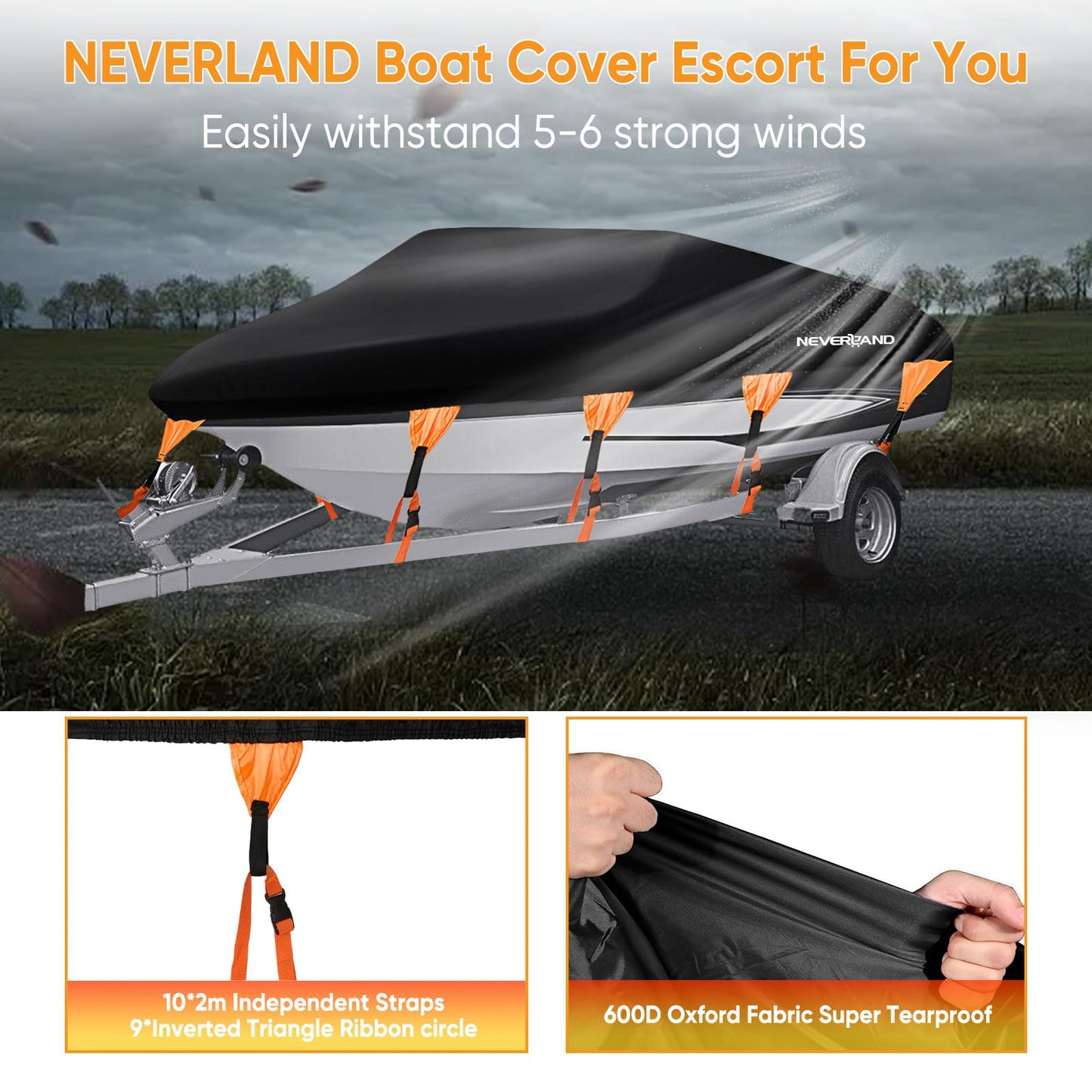 NEVERLAND Boat Cover Heavy Duty Marine Grade Polyester Canvas Waterproof Trailerable Boat Cover Fits V Shape/V-Hull and Tri-Hull Runabouts,Pro-STYL,Bass Boat Length 17-19ft, Beam Width up to 102"