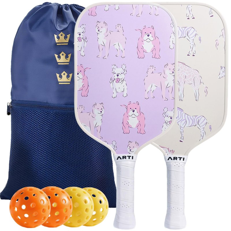 ARTI Pickleball Paddles Set of 2-USAPA Approved Fiberglass Surface Pickleball Set,2 Pickleball Rackets, 4 Balls and 1 Portable Carry Bag, Dogs and Giraffes Pickle Ball Set for Men Women Beginners