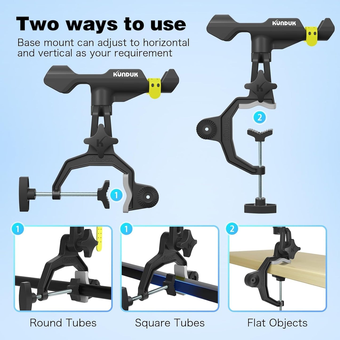 Fishing Rod Holder - 360° Dual Rotation with Button-Lock | Universal Silicone Strap & Enlarged V-Clamp for Round/Square Tubes