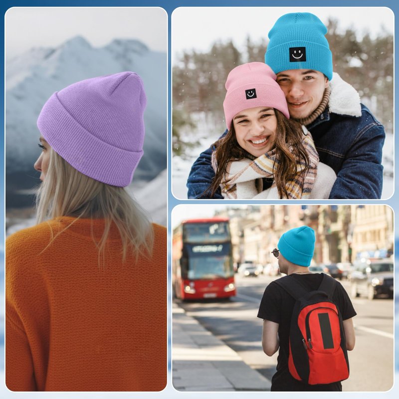 Fingertip WD Knit Beanie Hat with Smile Face for Men Women Winter Warm Soft Slouchy Skull Cap(Pink,Hot Pink,Purple,Blue)