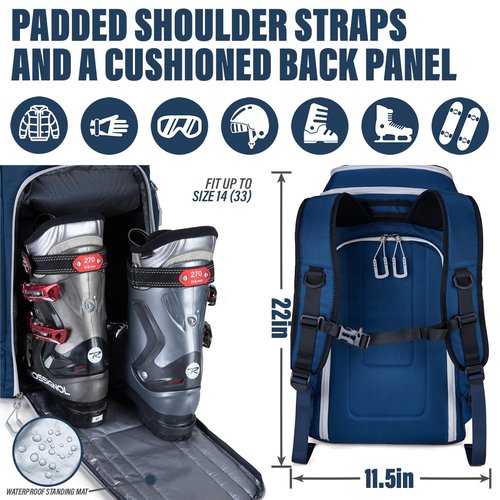 REINOS Travel Ski Boot Bag Backpack - Durable Boot Bags for Skiing Accessories, 50L Water-Resistant Padded Snow Skate Bag - Ski Gear Bag for Snowboard Boots, Helmet, Goggles (Blue)