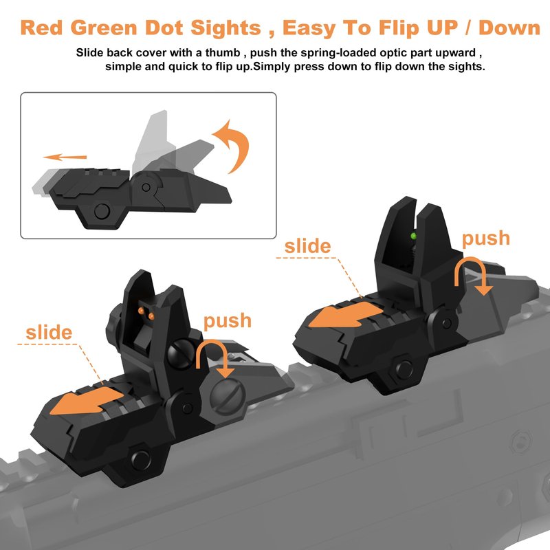 TFFUAM Foldable Fiber Optic Nylon Sights Flip Up Front and Back Sights Fiber Sights Set Back Up Sight Fit for Picatinny and Weaver 20mm Rails (Front Green+Back Red)