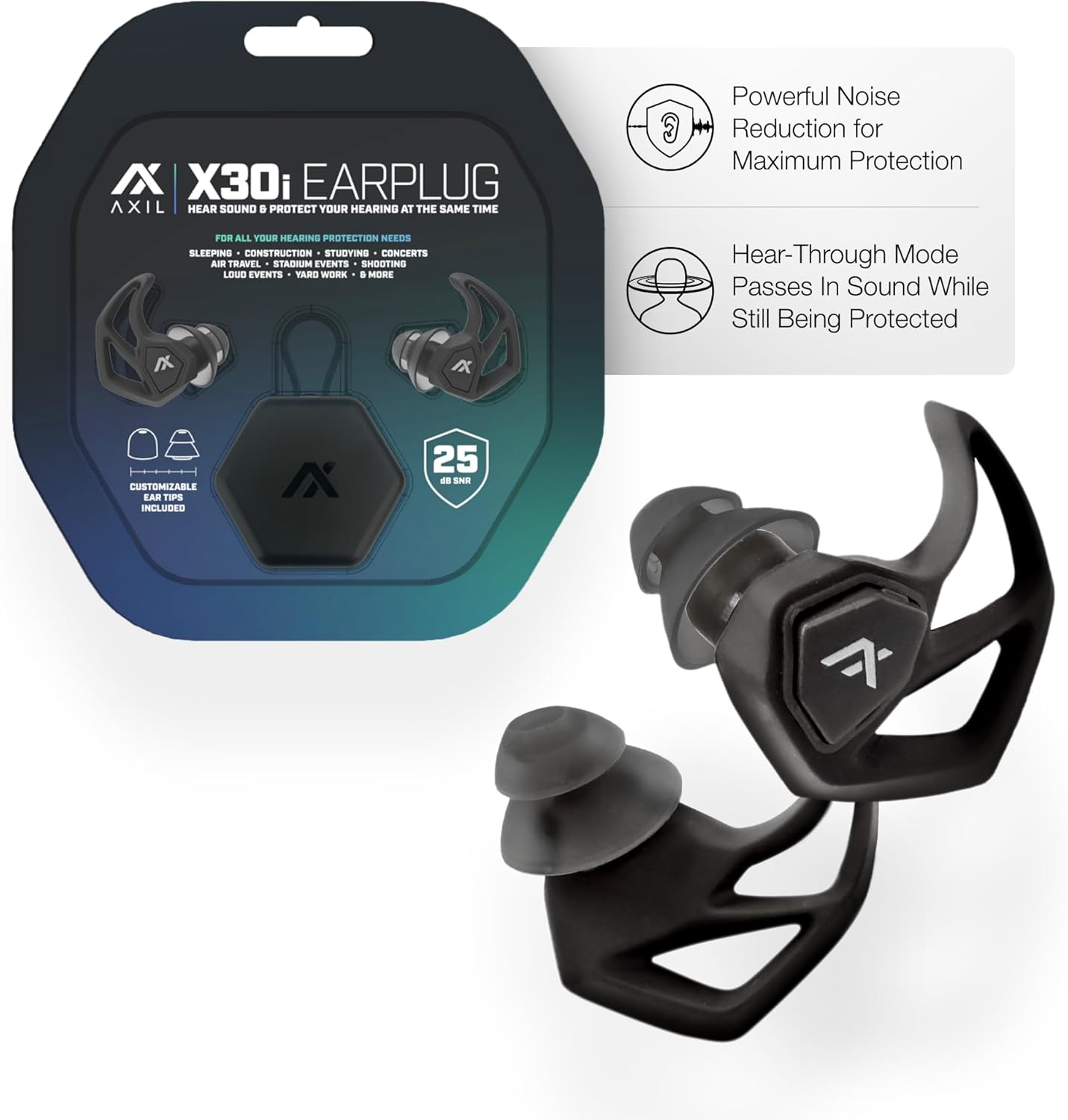 AXIL X30i Noise Reduction Ear Plugs - Hear-Through Mode Hearing Protection for Concerts & Sports - 25dB Reusable Foam & Silicone Eartips | Black