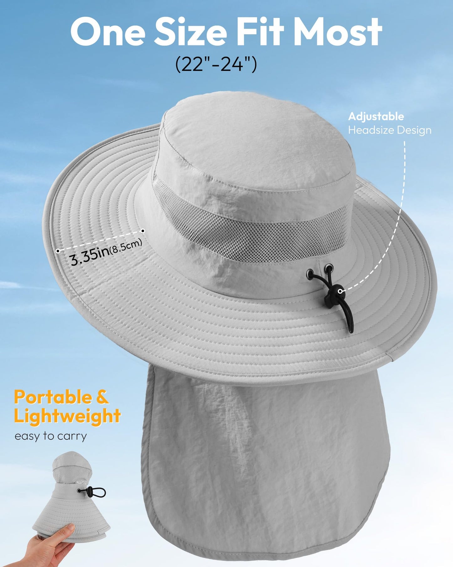 OLIKER Sun Hats for Men Wide Brim Bucket Hat with Neck Flap for Fishing & Hiking Mens Sun Hat for UV Protection (US, Alpha, One Size, Light Grey)