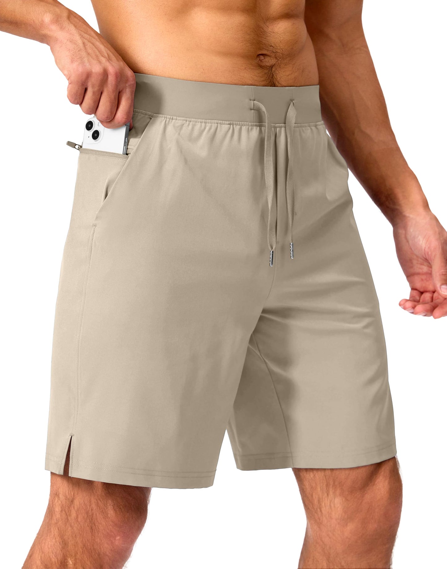 Soothfeel Men's Running Shorts with Zipper Pockets 9 Inch Lightweight Quick Dry Gym Sports Athletic Workout Basketball Shorts for Men (Khaki, XXXL)