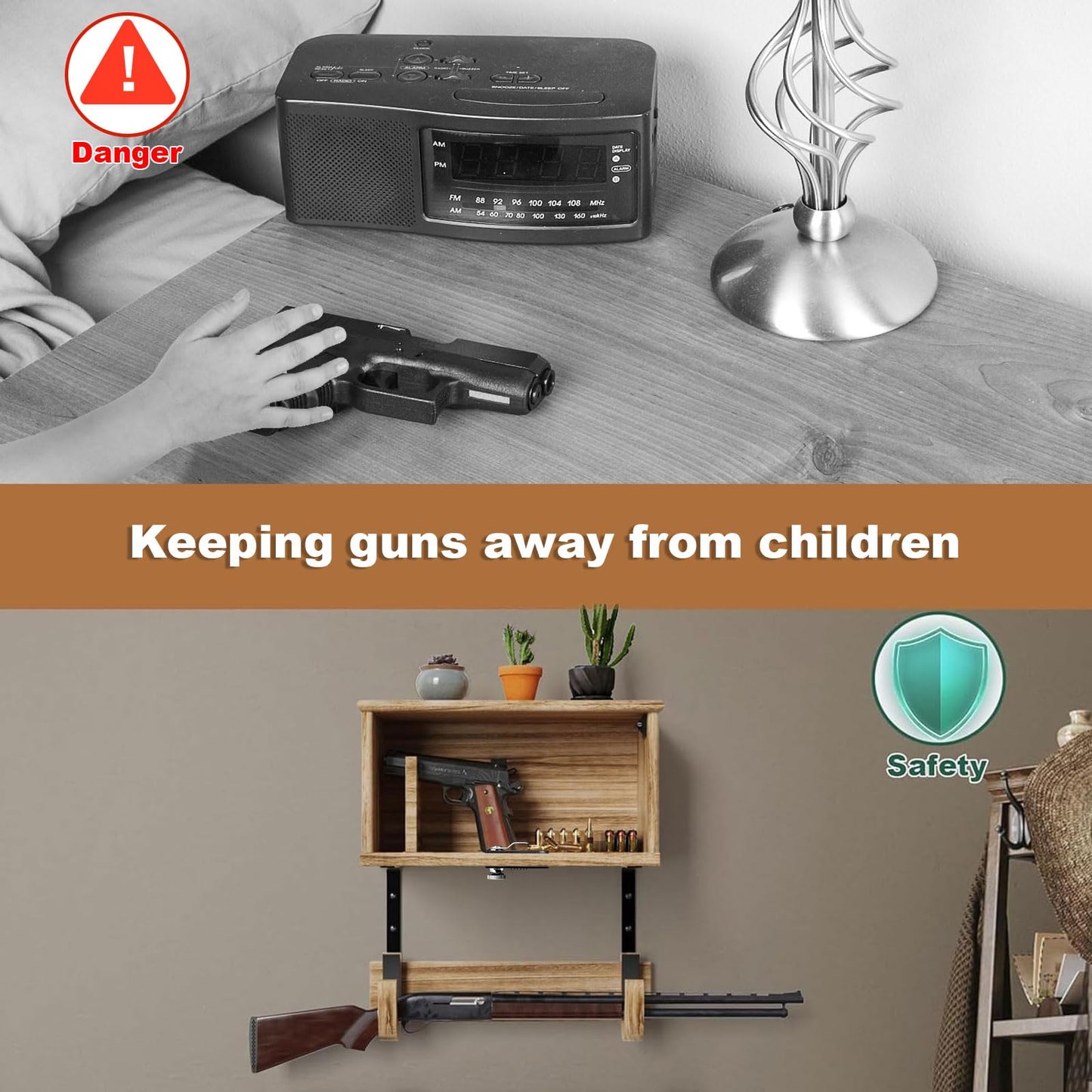 Wooden Wall Mount Gun Rack with Lock, 2-in-1 Horizontal Display for Rifle, Shotgun and Dual Pistols, Secure Firearms Storage Hanger