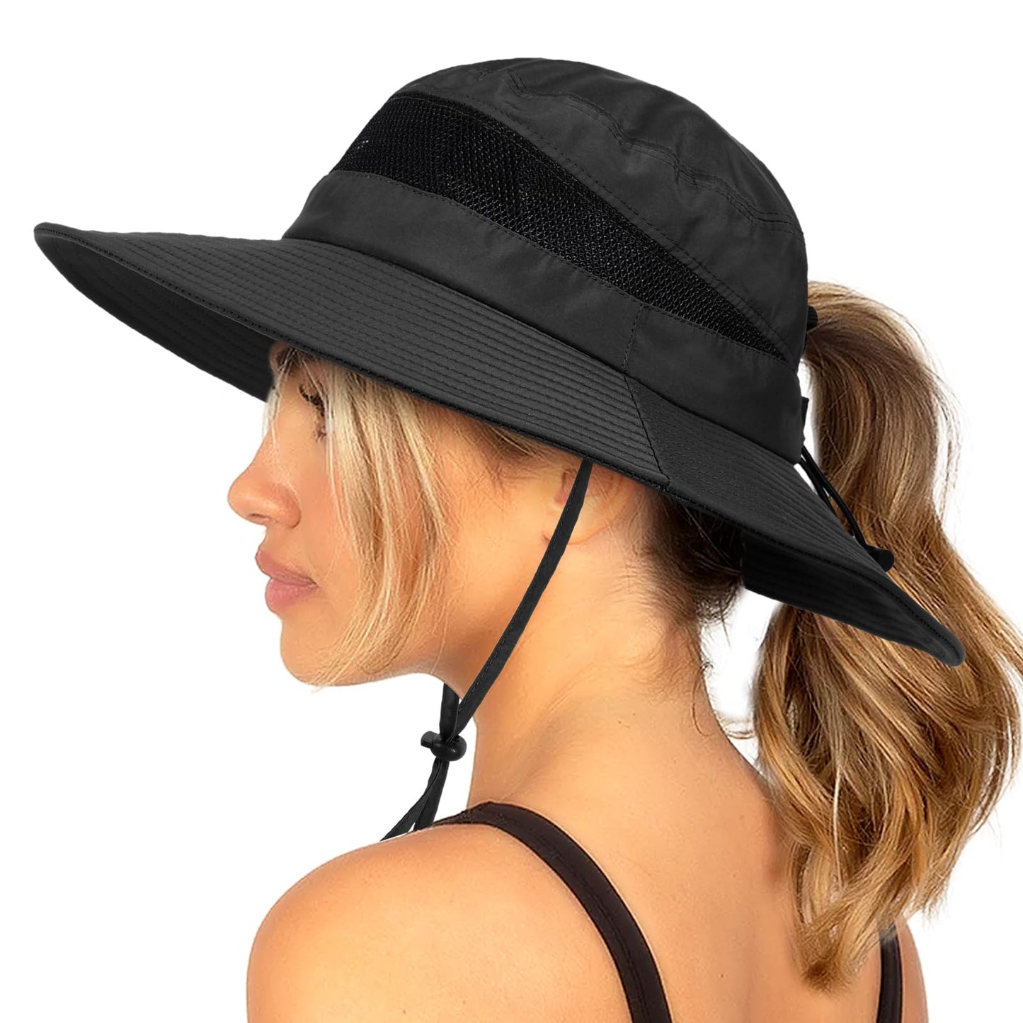 Bucket Sun Hat for Women Wide Brim Breathable Mesh UPF50+ Safari Hat Criss Cross Ponytail Hole Outdoor Rain Hat Black