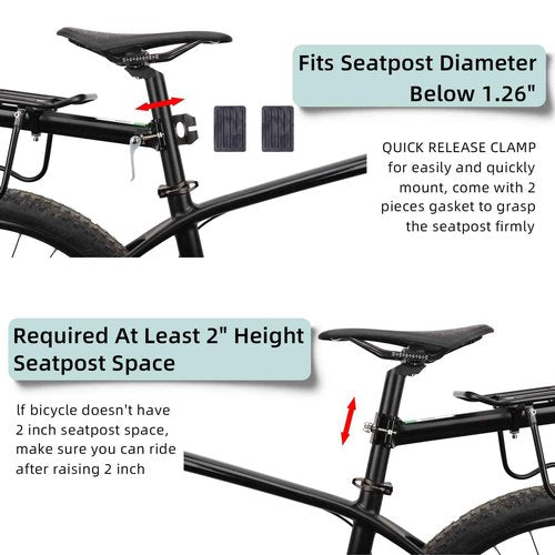 ROCKBROS Rear Bike Rack Bike Cargo Rack Adjustable Bicycle Luggage Carrier Rack Rear Quick Release Mountain Bike Pannier Rack with Elastic Band and Reflector, Most 165 lbs Capacity