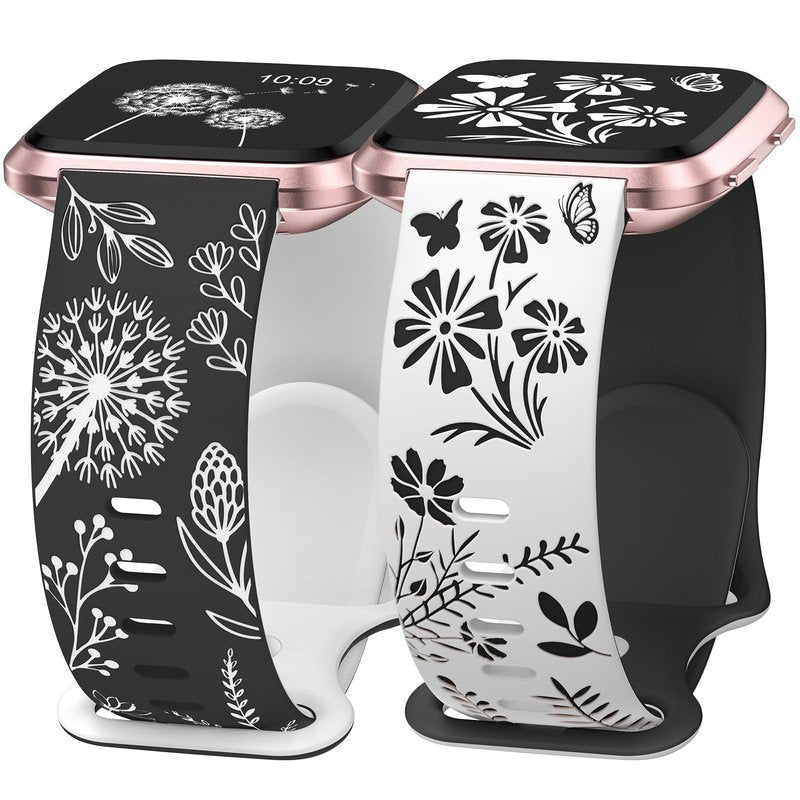 Wearlizer 2 Packs Floral Engraved Band Compatible with Fitbit Versa 2 Bands for Women, Two-Tone Flower Soft Silicone Cute Sport Strap for Versa Lite/SE Smart Watch