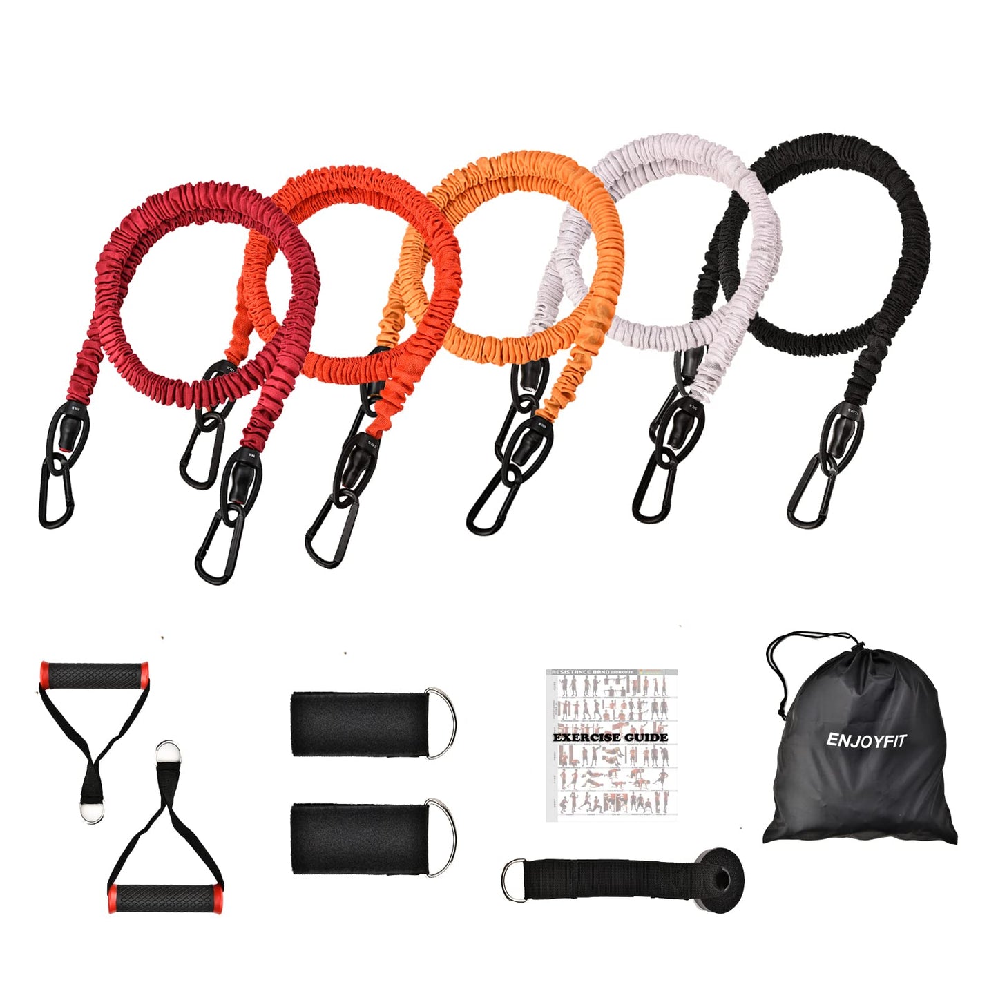 ENJOYFIT 11 PCS Resistance Bands Set, Exercise Tubes 63 inchs, Workout Bands with Handles,Door Anchor,Ankle Strap, Elastic Exercise Bands for Men Women with Protective Nylon Sleeves - up to 200lbs