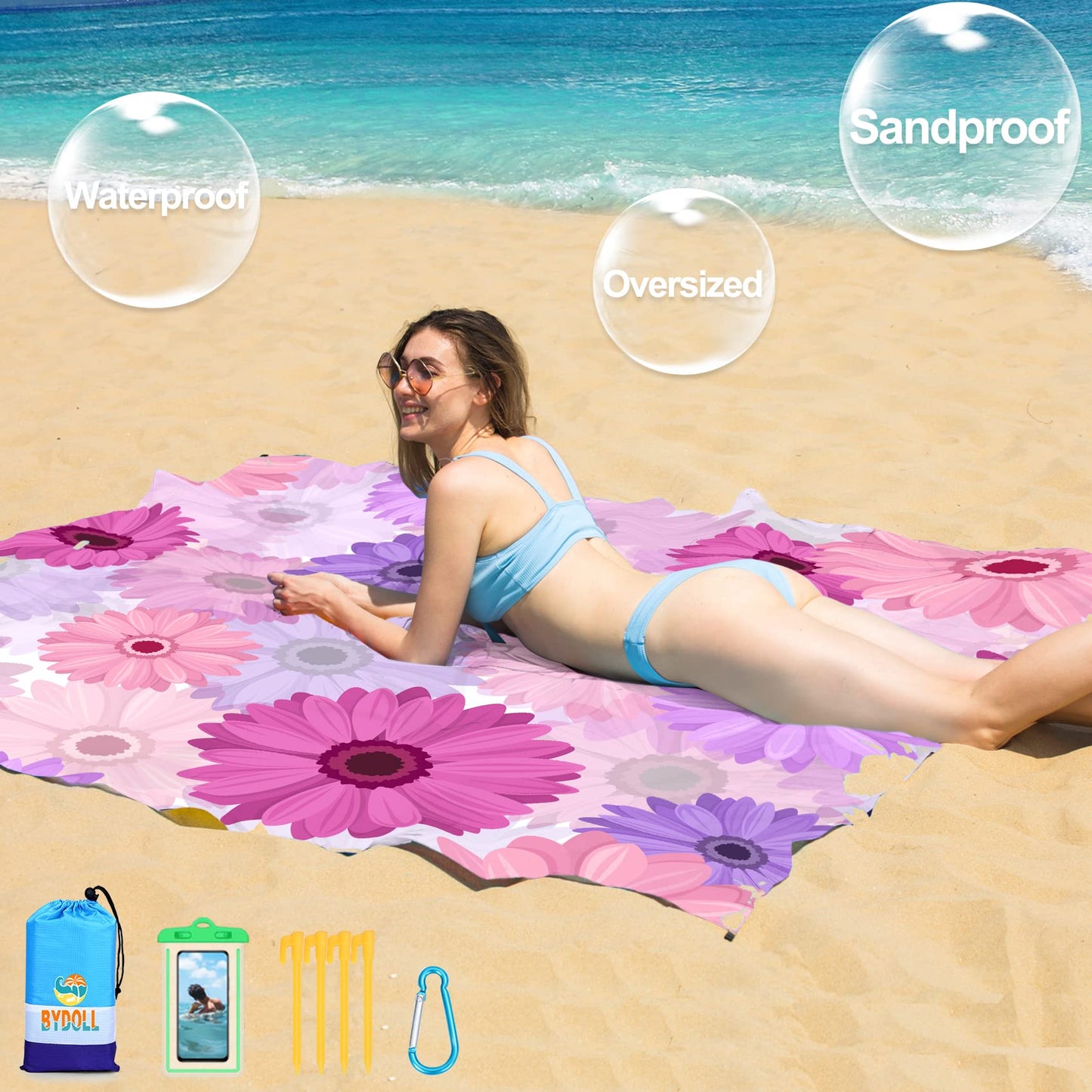 BYDOLL Beach Blanket 78''×81'' 1-5 Adults Oversized Lightweight Waterproof Sandproof Beach Blanket Large Picnic Mat Beach Blanket for Beach Travel Camping Hiking Picnic