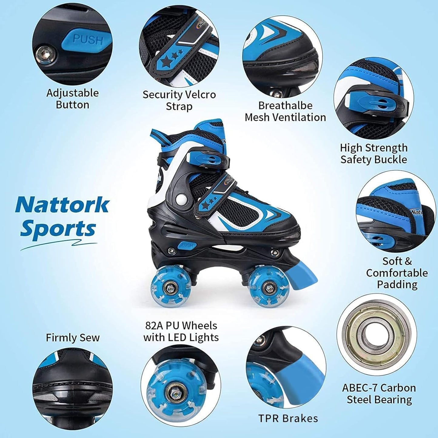 Kids Roller Skates - Adjustable Quad Skates with Light-Up Wheels | 4 Sizes for Boys & Girls