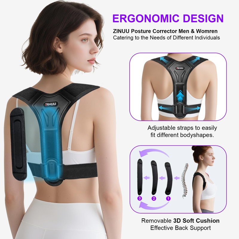 ZINUU Posture Corrector for Women and Men, Upgraded Comfortable Upper Back Brace with Shoulder Pads & 3D Pad, Adjustable Back Straightener Support for Back, Shoulder and Neck (Black-M)