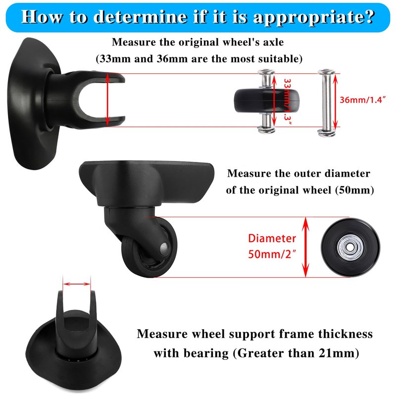 OwnMy 50mm x 18mm Set of 4 Luggage Suitcase Replacement Wheels with Bearings, Black Rubber Swivel Caster Wheels Bearings Repair Kits with 33MM / 36MM Axles