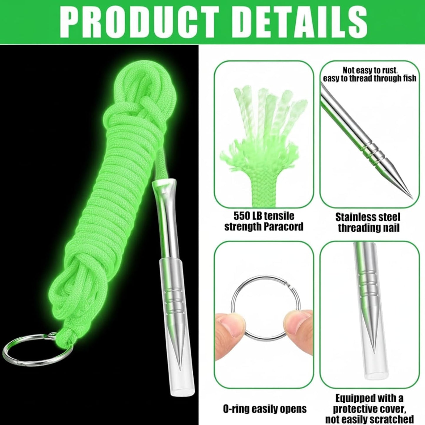 Glow in The Dark Paracord Fishing Stringer - 10 Ft, 550lb Capacity, Stainless Steel Spike & Split Ring