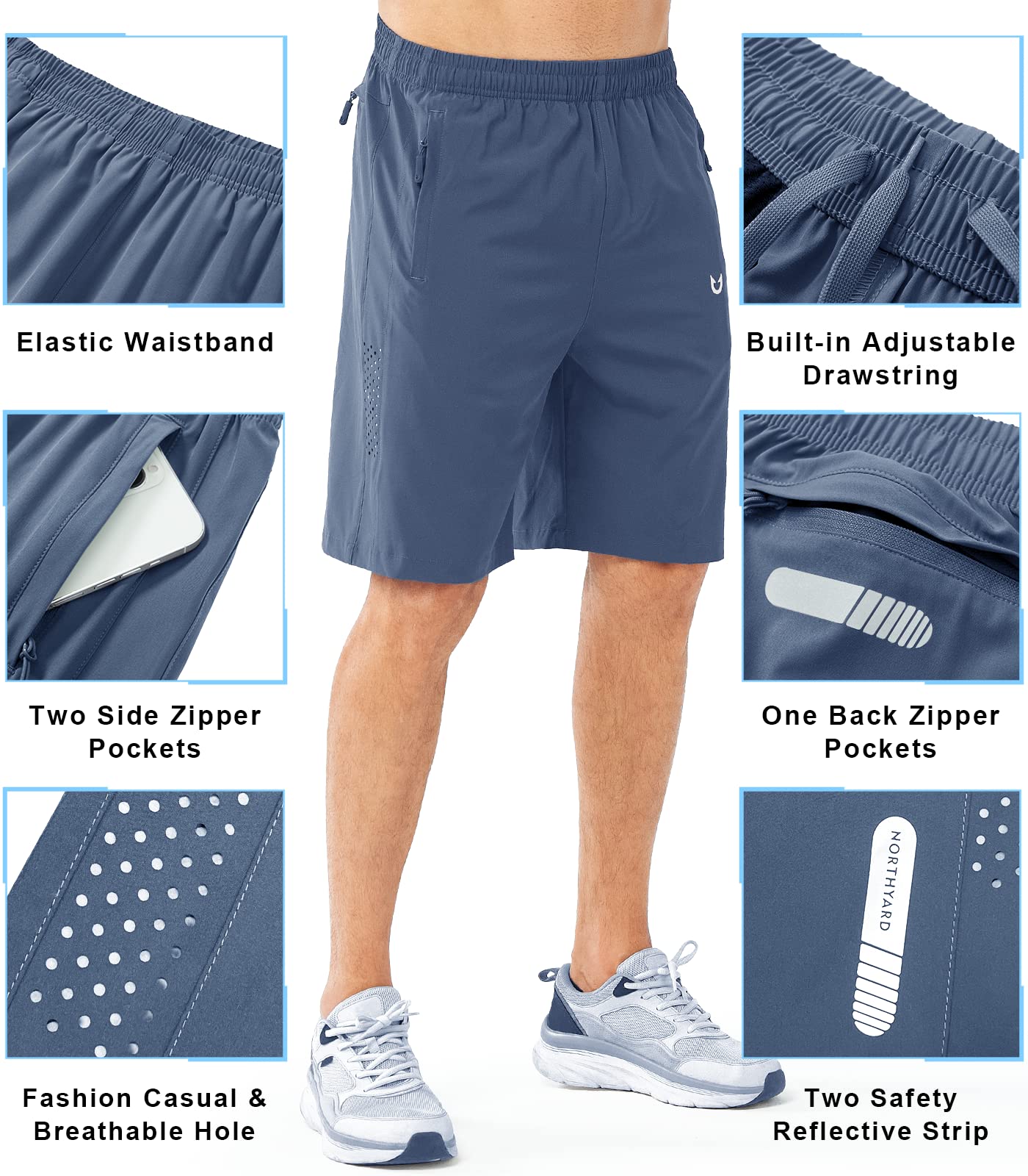 NORTHYARD Men's Athletic Running Shorts Gym Workout 7"/9"/5" Quick Dry Lightweight Sports Basketball Tennis 3 Zipper Pockets FEDERALBLUE-9inch 3XL